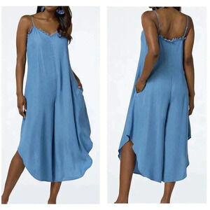 CATO EST 1946 Blue Frayed Chambray Jumpsuit Wide Barrel Leg Size 14w/16w Boho
